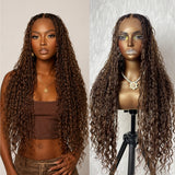 Perruque en cheveux humains mélangés, tressés sans nœuds (Boho Knotless Braids) style tresses africaines ombrées marron, avec bonnet complet en dentelle et sangles invisibles