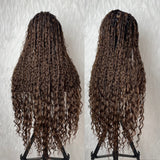 Perruque en cheveux humains mélangés, tressés sans nœuds (Boho Knotless Braids) style tresses africaines ombrées marron, avec bonnet complet en dentelle et sangles invisibles