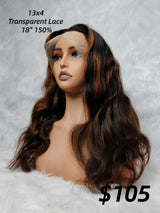 {DERNIÈRE-PIÈCE-EN-LIQUIDATION} Perruque Lace Frontale 13x4 Transparente Cheveux Humains Châtain Mèches Blondes Ondulés
