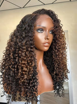 KNOT-FREE - 13x6 Skin Melt Lace Preplucked Human Hair Frontal Ombre Brown Curly Wig