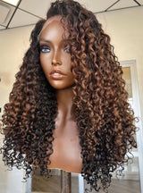 KNOT-FREE - 13x6 Skin Melt Lace Preplucked Human Hair Frontal Ombre Brown Curly Wig