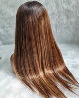 Perruque Lace Front Droite Ombrée et Méchée, 13x6, Bonnet Ajusté, Sans Colle, Effet Peau Fondue