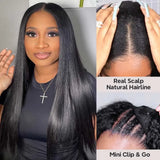 Perruque droite en cheveux humains sans colle, avec cordon de serrage naturel et raie en V