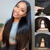 Perruque droite en cheveux humains sans colle, avec cordon de serrage naturel et raie en V