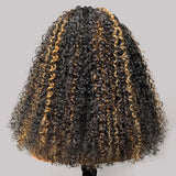 Perruque mi-longue frisée 3 en 1 avec cordon de serrage et mèches, perruque en cheveux humains sans colle