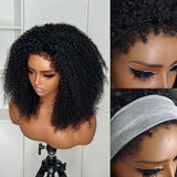Demi-perruque 3 en 1 à cordon, bouclée kinky avec bord frisé, perruque en cheveux naturels sans colle