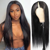 Perruque droite en cheveux humains sans colle, avec cordon de serrage naturel et raie en V