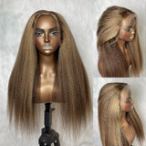 Perruque Lace Front Kinky Raide Ombré avec Mèches, Cheveux Humains, 9x6/13x6, Effet Fondant sur la Peau