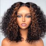 {Soldes Exceptionnelles} Perruque Bob Ondulée Mèches Blondes 250% Cheveux Humains Naturels Pré-plumés Lace Front