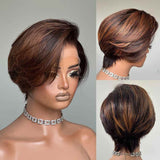 Perruque Lace Front à Cheveux Humains, Coupe Pixie Asymétrique, Mèches Miel et Marron, Pré-épilée