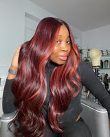 Perruque Lace Front rouge, préeffilée, avec mèches 13x6 / 13x4, en cheveux humains