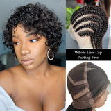 Perruque style lutin en cheveux naturels, avec bonnet en dentelle entière, dentelle transparente, pré-épilée