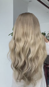 [SalonLux] Perruque Lace Front ondulée en cheveux humains, pre-plucked, mèches blond platine ombrées, lace HD 13x4