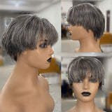 Perruque frontale coupe pixie en cheveux naturels gris poivre et sel