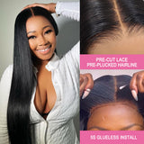 Perruque sans colle avec dentelle pré-coupée 6x4, type "peau fondue", dentelle suisse, cheveux humains pré-épilés, prêt-à-porter, lisse