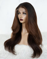Perruque Ondulée en Cheveux Humains, Modèle Lace Skin Melt, Texture Yaki Légère Superposée, Ombré Marron, Taille 9x6/13x6