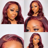Perruque courte ondulée bordeaux 13x6 99J, densité 250 %, cheveux naturels, perruque Lace Front pré-épilée