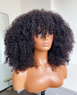 Perruque entièrement faite à la machine, cheveux humains, bouclés afro crépus, avec frange
