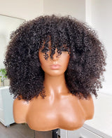 Perruque entièrement faite à la machine, cheveux humains, bouclés afro crépus, avec frange