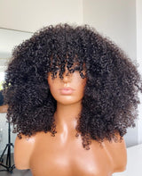 Perruque entièrement faite à la machine, cheveux humains, bouclés afro crépus, avec frange