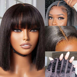 Perruques Bob Courtes à Frange, Cheveux Humains, Avec Lace Suisse, Pré-épilées, Effet Peau, Sans Colle