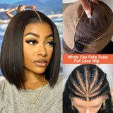 Perruque Bob Yaki en Cheveux Humains, Fausses Raies Libres et Pré-épilées, Entièrement en Dentelle avec Faux Cuir Chevelu