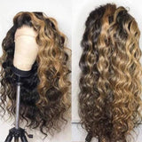 Perruque ondulée avec Lace Front 13x6 effet fondu, blond miel avec mèches et bordure délicate