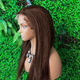 Perruque frontale en dentelle fondue naturelle avec cheveux de bébé bouclés, couleur marron yaki