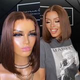 Perruque Bob Lace Front en Cheveux Humains Lisses Châtain Foncé